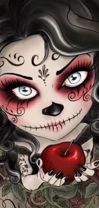 This striking phone live wallpaper showcases a Gothic-inspired illustration of a woman holding an apple
