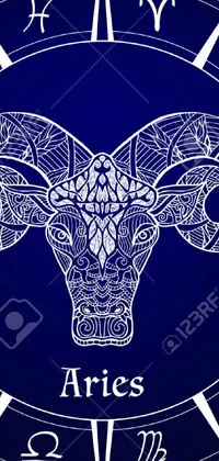 This sleek phone live wallpaper showcases a detailed vector design of the fiery zodiac sign Aries on a serene blue background
