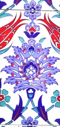 Get lost in the intricate design of our stunning live phone wallpaper! With a mixture of Turkish and Russian inspiration, this ultra-fine detailed pattern depicts curving and twisting hips in a red and blue color scheme on a clean white background