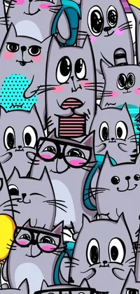 This live wallpaper showcases a bunch of cats sitting together, in a delightful pop art cartoon style