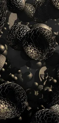 Get lost in the mesmerizing beauty of this black and gold cellular structure phone live wallpaper featuring intricate biopunk patterns by Aleksander Gierymski