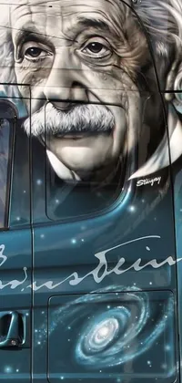 This phone live wallpaper features an intricate street art portrait of a famous physicist on the side of a truck