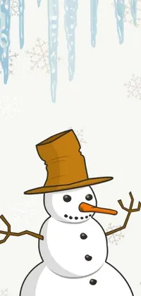 This exquisite phone live wallpaper portrays a hand-drawn and charming snowman, wearing a red and green striped hat and surrounded by icicles giving it a realistic frosty feel