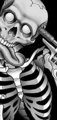 This phone live wallpaper depicts a smogpunk-inspired, detailed, cartoon-style skeleton holding up a gun