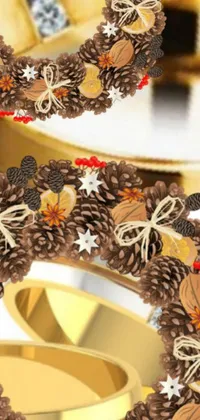 Bring the festive spirit to your phone with our Christmas wreath live wallpaper! The digital rendering showcases a stunning close-up of a pine cone wreath, complete with wood and gold details