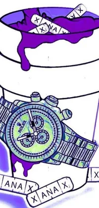 This pop art phone live wallpaper features a striking drawing of a watch in a bucket set against a tranquil morning shot background