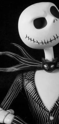 This live wallpaper features a captivating black and white photo of Jack Skellington, the striking character from a beloved animated movie