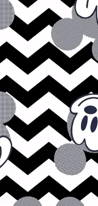 This Disney phone live wallpaper showcases a black and white zig zag pattern of Mickey Mouse, with medium level detailing and shaded elements for a 3D feel