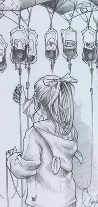 This phone live wallpaper showcases a heartwarming pencil drawing of a little girl standing beneath an umbrella by an artist from Pixiv