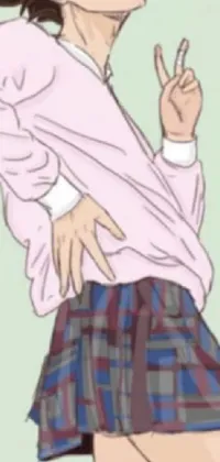 This phone live wallpaper features an anime drawing of a woman wearing a pink bow shirt and a plaid skirt