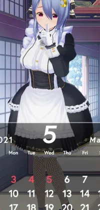 This exquisite phone wallpaper depicts a lady dressed in traditional apparel in the foreground of a calendar, evoking a sense of peaceful contemplation