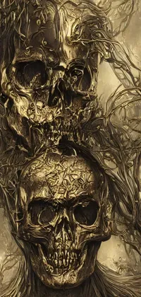 This live wallpaper depicts two intricate gold plated skulls with realistic detail and gothic patterns
