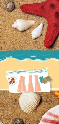 This phone live wallpaper showcases a delightful digital rendering of a red starfish on a sandy beach, in a playful, naive art style