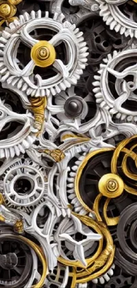 This phone live wallpaper depicts a close-up view of a digital rendering of gears in motion, showcasing the beauty of kinetic art