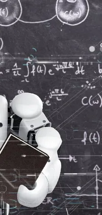 This live wallpaper features a robotic figure studying a science book in front of a blackboard covered in technical illustrations and formulas