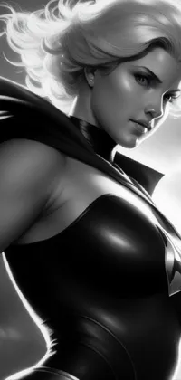 This live phone wallpaper features a stunning black and white digital art piece of a female superhero wearing a flowing cape