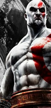 This live phone wallpaper features the powerful God of War character with an exaggerated, muscular physique