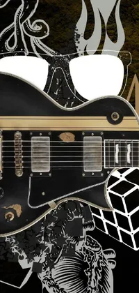 This phone live wallpaper features a vibrant guitar close up on a black background, containing orthodox symbolism and diesel punk elements