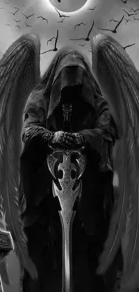 This live wallpaper showcases a stunning black and white digital art image of an angel holding a sword in a dark and gothic atmosphere