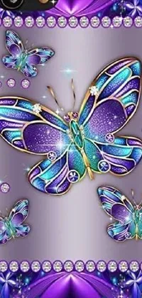This mobile phone live wallpaper is a stunning creation featuring a purple and blue butterfly phone case with sparkling gems