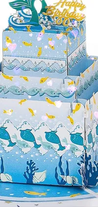 This live wallpaper features a holographic birthday cake atop an art deco table surrounded by playful dolphins