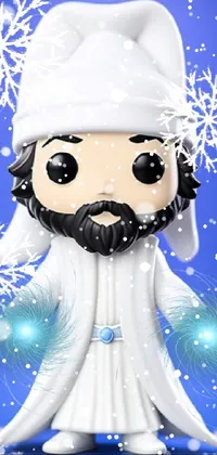 This live phone wallpaper showcases a close-up of a figurine of a bearded man wearing mage robes with star-filled patterns