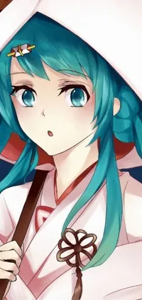 This phone live wallpaper portrays a magical woman with blue hair holding an umbrella in serene contemplation