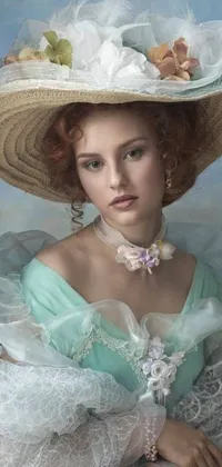 This phone live wallpaper features a stunning colorized photo of a woman wearing a hat and a frilly outfit