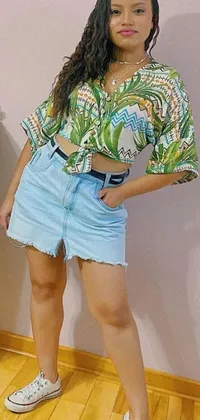 This phone live wallpaper features a woman standing on a hard wood floor wearing a cropped wide-sleeve Hawaiian shirt and short, flowy A-line skirt