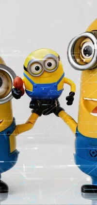 This dynamic and colorful phone live wallpaper features two minion figurines with excited expressions standing in front of a cheerful background