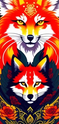 This phone live wallpaper features a pair of foxes standing together, depicted in vector art with a unique flaming skin effect