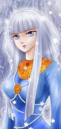 This phone live wallpaper features a breathtaking anime drawing of a woman donning a gorgeous blue dress and long white hair flowing down her back in a Hurufiyya style