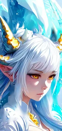Get mesmerized by this stunning live wallpaper for your phone! This close up portrays a cinematic queen demon, featuring white horns and piercing blue eyes