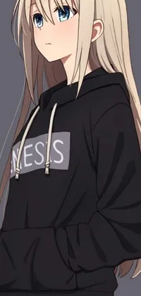 This attractive phone live wallpaper features a blonde-haired girl wearing a black hoodie with an alluring expression