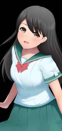 Introducing a stunning live phone wallpaper featuring a beautiful anime-style girl with long black hair, dressed in a white shirt and green skirt