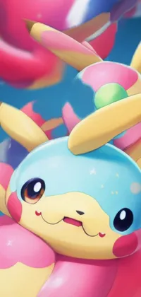 This phone live wallpaper depicts a cute Pikachu alongside a bunch of multicolored balloons, set against a beautiful blue and pink color scheme
