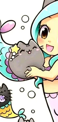 This live wallpaper features a kawaii-style drawing of a mermaid cuddling a sweet cat in close-up