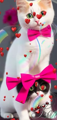 This live wallpaper for your phone showcases a stunning white feline adorned with a pink bow tie