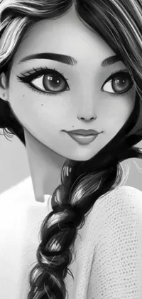 This stunning phone live wallpaper showcases a black and white photo of a girl with long hair in a 3D cartoon-like effect