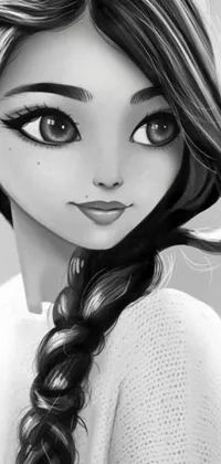 This phone live wallpaper features a captivating black and white portrait of a young girl with long hair