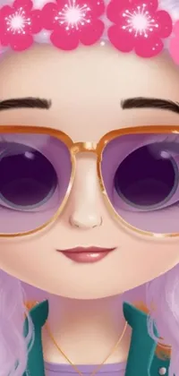 This live smartphone wallpaper features a close-up of a 2D game avatar with a doll face, sporting sunglasses and lavender hair