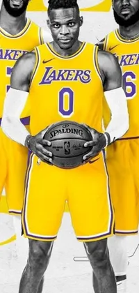 Looking for a phone live wallpaper that showcases your love for basketball? This trendy design features a group of basketball players standing together, with a color scheme dominated by lavender and yellow
