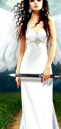 This captivating phone wallpaper features an elegant woman in a white dress holding a sword