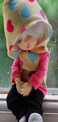 This mobile live wallpaper features an adorable, colorful doll sitting on a windowsill shedding a single tear next to a beautiful, vivid painting