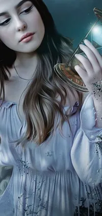 This 4k phone live wallpaper showcases a beautiful woman in a white dress holding a glass jar