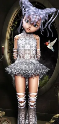 This phone live wallpaper features a silver-dressed woman standing in front of a mirror