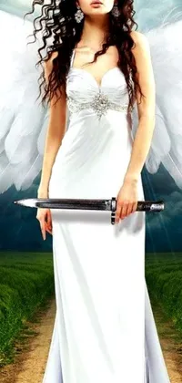 This phone wallpaper flaunts a striking image of a sword-bearing woman donning an immaculate white robe