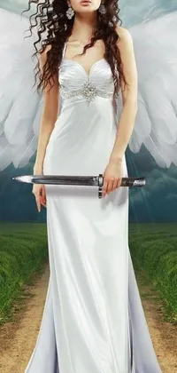This stunning live phone wallpaper depicts a beautiful angelic woman in a flowing white dress holding a sword
