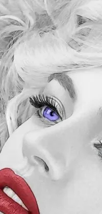 This black and white digital art wallpaper features a stunning woman with blue eyes and blonde hair