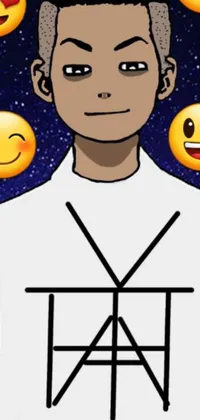 This live phone wallpaper showcases a male figure in a light-toned shirt standing amidst a host of animated emoticons, set against a vibrant galaxy-themed background